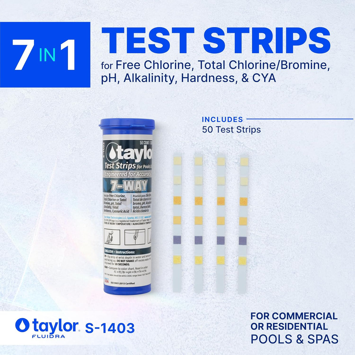 Taylor S-1403, 7-in-1 Pool and Spa Test Strips (50 Count)